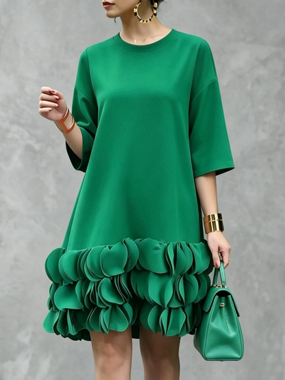 A-Line Loose Solid Color Split-Joint Three-Dimensional Flower Round-Neck Midi Dresses-1