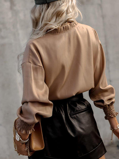 Long Sleeves Loose Hollow Lace-Up Pleated Solid Color Split-Joint V-Neck Blouses