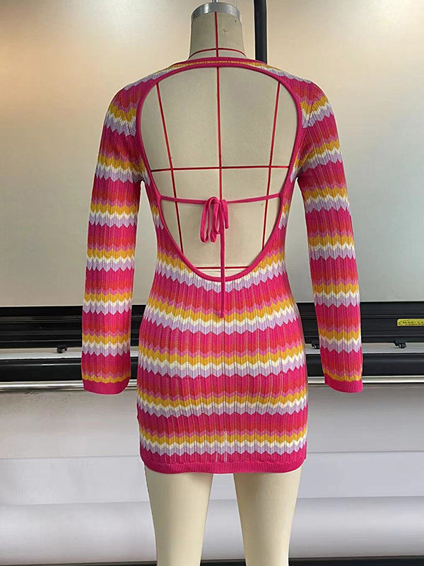 Long Sleeves Skinny Backless Contrast Color Tied Round-Neck Mini Dresses Sweater Dresses