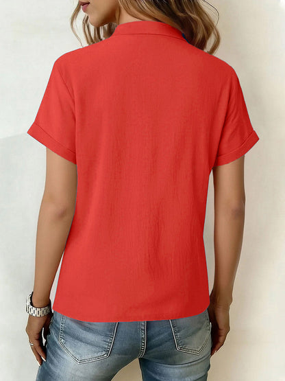 Loose Short Sleeves Buttoned Knot Ruffle Trim Solid Color V-Neck Blouses&Shirts Tops