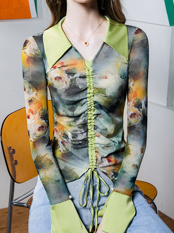 Flared Sleeves Long Sleeves Drawstring Flower Print Pleated Lapel Blouses&Shirts Tops