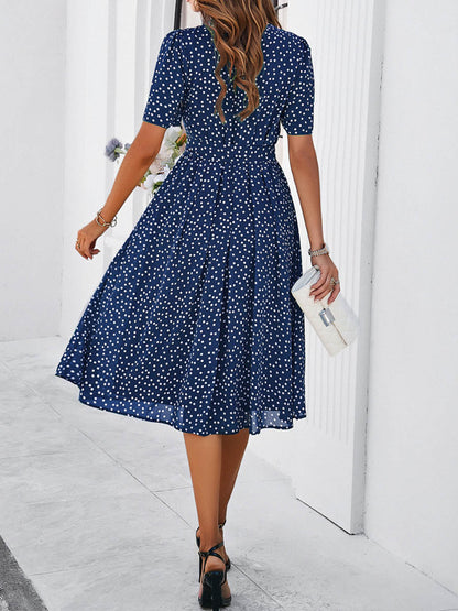 A-Line Elasticated Waist Contrast Color Polka Dot Split-Joint Tied Waist Round-Neck Midi Dresses