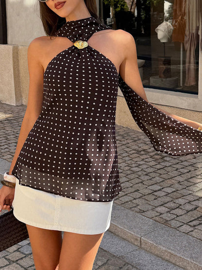 Sleeveless Backless Polka Dot Halter-Neck Tank Top
