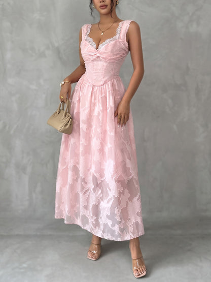 High Waisted Sleeveless Jacquard Pleated See-Through Solid Color Split-Joint V-Neck Midi Dresses
