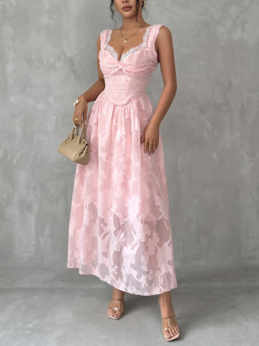 High Waisted Sleeveless Jacquard Pleated See-Through Solid Color Split-Joint V-Neck Midi Dresses