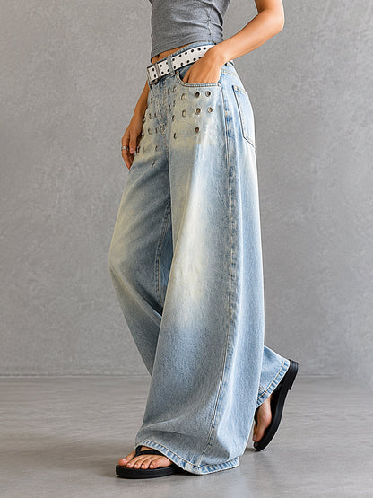 High Waisted Wide Leg Belt Buckle Hollow Pockets Solid Color Split-Joint Jean Pants Bottoms
