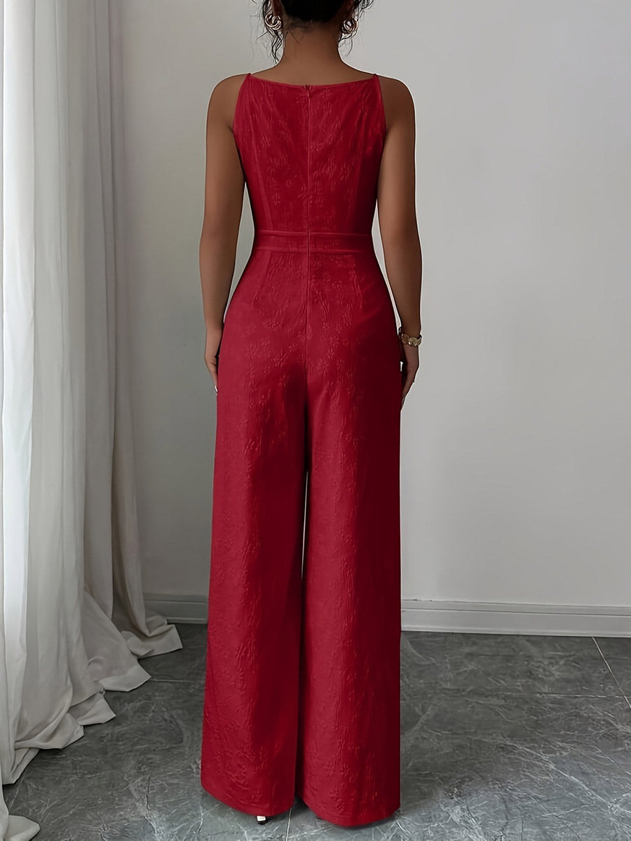 Zipper Split-Joint Solid Color Jacquard Wide Leg Sleeveless Spaghetti-Neck Jumpsuits