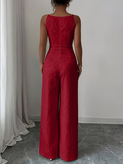 Zipper Split-Joint Solid Color Jacquard Wide Leg Sleeveless Spaghetti-Neck Jumpsuits
