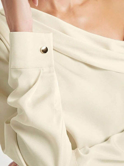 Long Sleeves Skinny Pleated Solid Color Split-Joint One-Shoulder Blouses&Shirts Tops