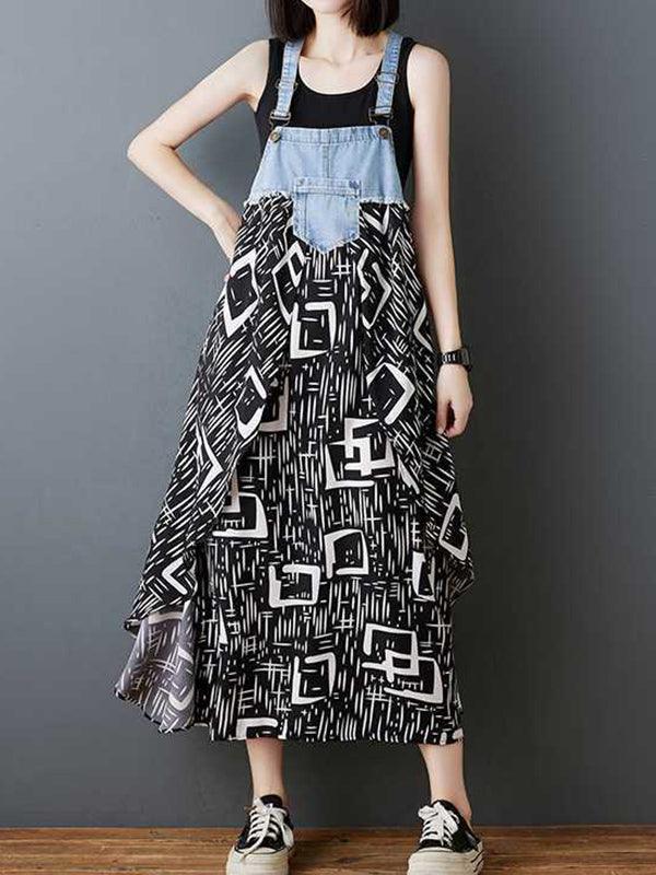 Loose Plus Size Flower Print Pockets Split-Joint Spaghetti-Neck Maxi Dresses Suspender Dress