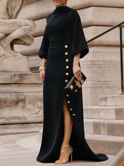 Loose Puff Sleeves Buttoned Split-side Mock Neck Maxi Dresses