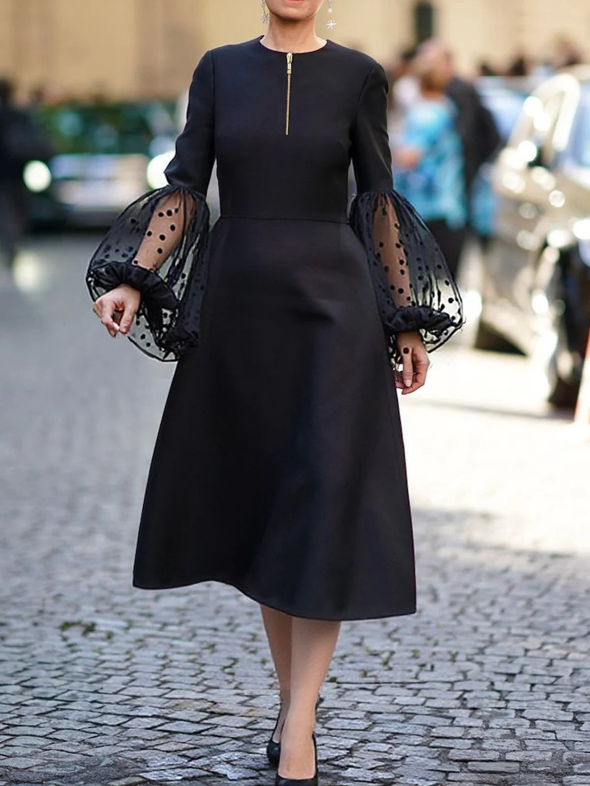 A-Line Long Sleeves Mesh Patchwork Polka-Dot Split-Joint Zipper Round-Neck Midi Dresses