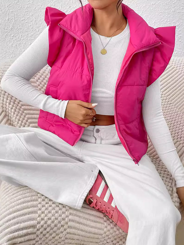 Flared Sleeves Pleated Solid Color Split-Joint High Neck Padded Vest