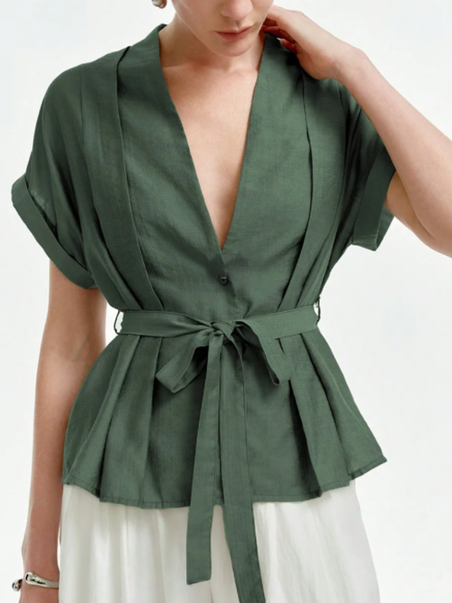 Loose Short Sleeves Buttoned Solid Color Tied Waist V-Neck Blouses&Shirts Tops