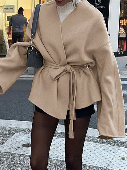 Long Sleeves Loose Solid Color Tied Waist V-Neck Outerwear