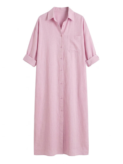 Long Sleeves Loose Buttoned Pockets Solid Color Lapel Maxi Dresses Shirt Dress