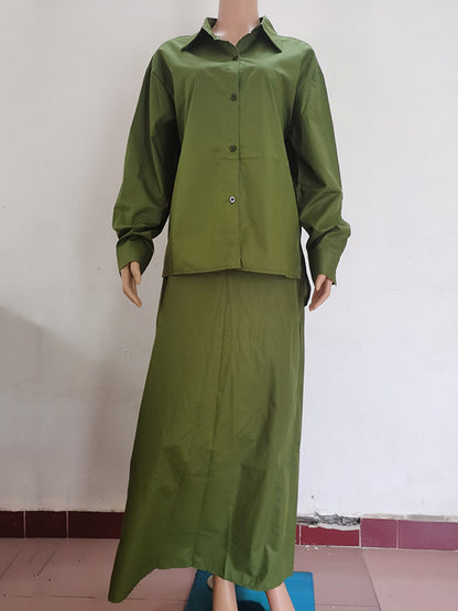 Solid Color High-Low Long Sleeves Buttoned Split-Side Lapel Shirts Top   Skirts Bottom Two Pieces Set