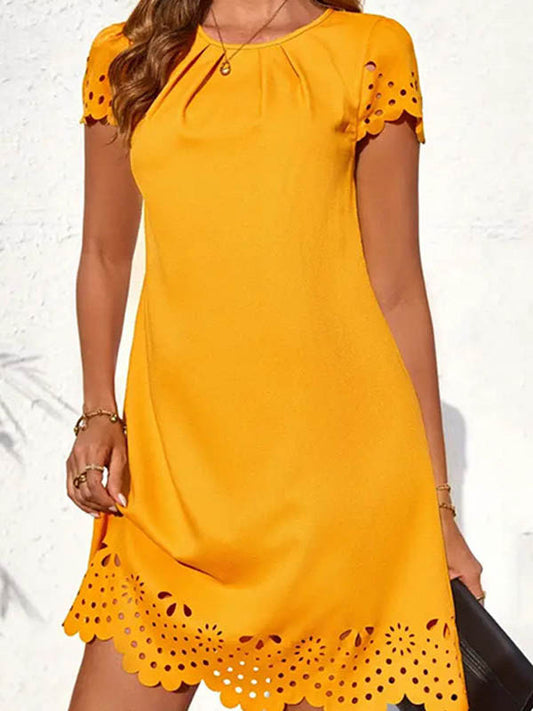 Loose Short Sleeves Hollow Pleated Solid Color Split-Joint Round-Neck Mini Dresses