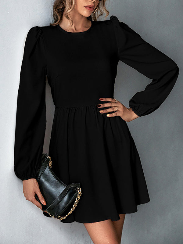 A-Line Bishop Sleeve Backless Elasticity Hollow Pleated Solid Color Tied Round-Neck Mini Dresses