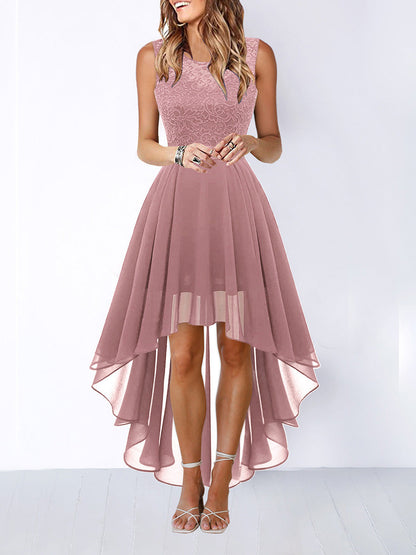 A-Line High Waisted Pleated See-Through Split-Joint Tied Waist Round-Neck Maxi Dresses