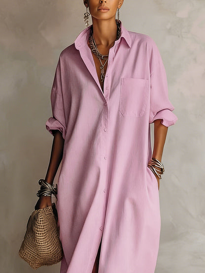 Long Sleeves Loose Buttoned Pockets Solid Color Lapel Maxi Dresses Shirt Dress
