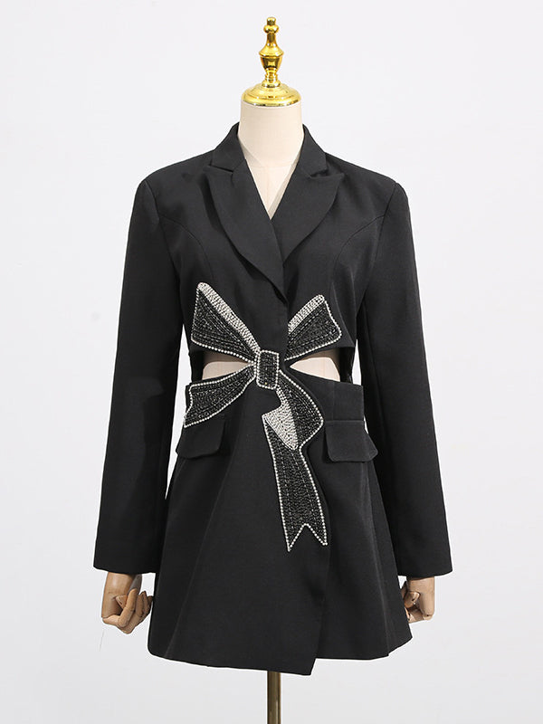 Long Sleeves Hollow Rhine Stones Notched Collar Blazer Outerwear