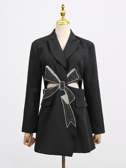 Long Sleeves Hollow Rhine Stones Notched Collar Blazer Outerwear