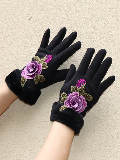 Women Artsy Winter Embroidery Fleece-lined Gloves