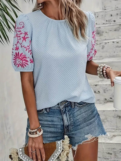 Loose Short Sleeves Bow-Embellished Contrast Color Split-Joint Round-Neck Blouses&Shirts Tops