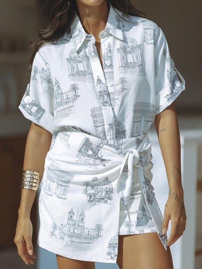Loose Buttoned Printed Lapel Blouses Tops + Tied Bodycon Skirts Bottom Two Pieces Set