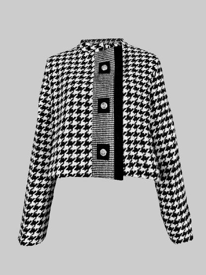 Long Sleeves Loose Buttoned Contrast Color Houndstooth Printed Stand Collar Jackets Outerwear