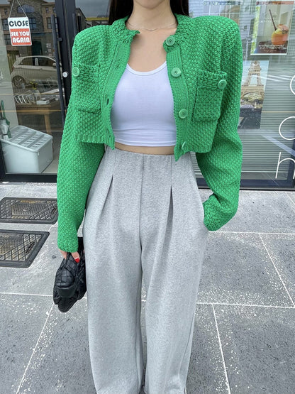 Long Sleeves Buttoned Pockets Solid Color Round-Neck Cardigan Tops