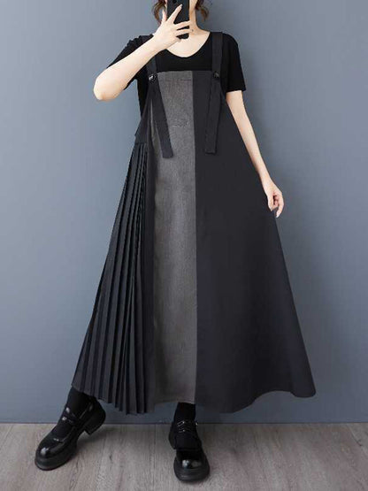 A-Line Loose Asymmetric Buttoned Contrast Color Pleated Pockets Split-Joint Adjustable Straps Midi Dresses
