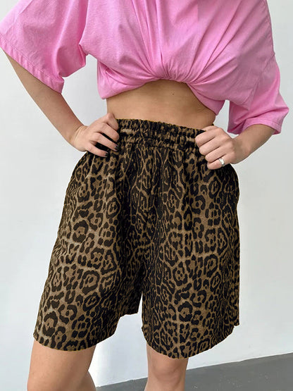 High Waisted Loose Elasticity Leopard Pockets Split-Joint Zipper Shorts Bottoms