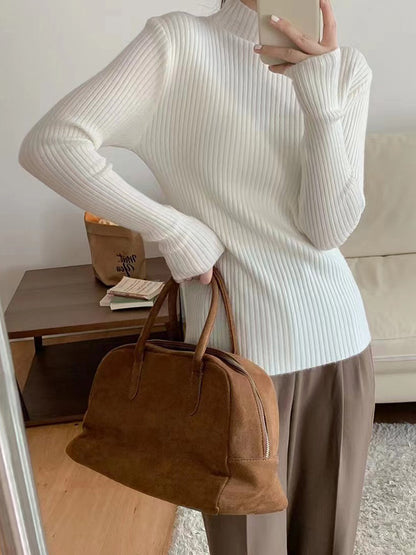 Long Sleeves Skinny Solid Color High-Neck Knitwear Pullovers Sweater Tops