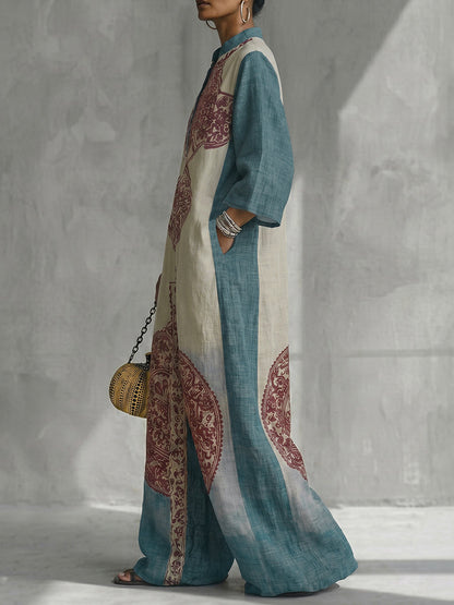 Loose Three-Quarter Sleeves Contrast Color Ethnic Printed Pockets V-Neck Jumpsuits