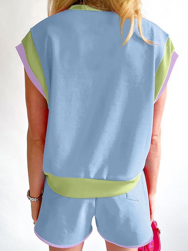 Loose Short Sleeves Contrast Color Split-Joint Round-Neck T-Shirt Top + Elasticity Pockets Shorts Bottom Two Pieces Set