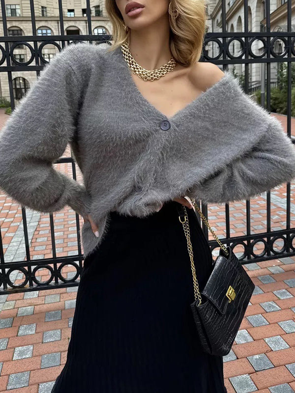 Long Sleeves Loose Buttoned Solid Color V-Neck Cardigan Tops