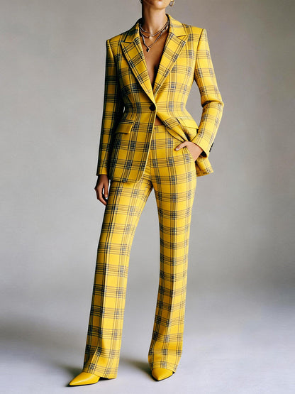 Column Loose Contrast Color Plaid Split-Joint Blazer Pants