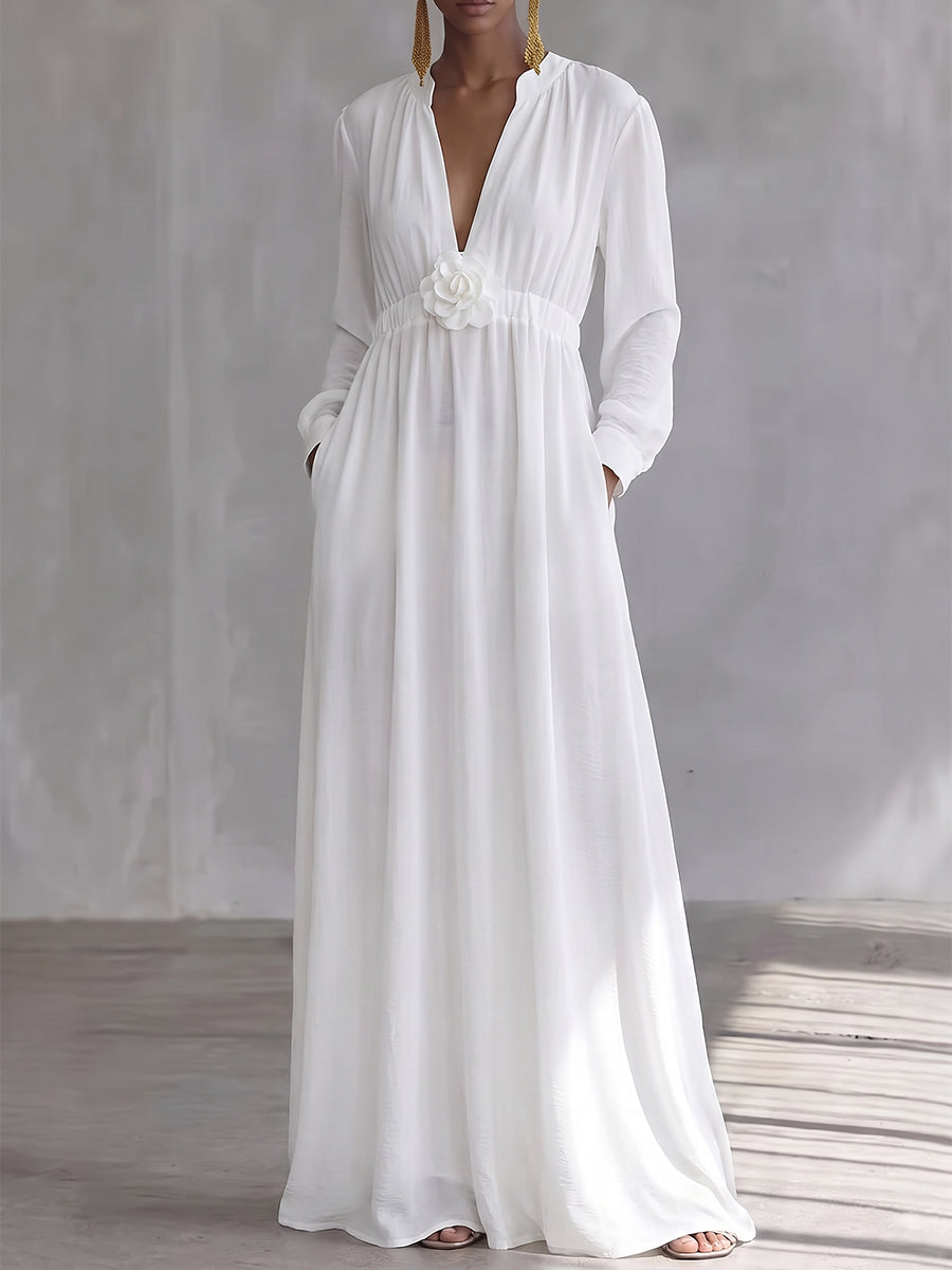 High Waisted Long Sleeves Elasticity Pleated Pockets Solid Color Three-Dimensional Flower V-Neck Maxi Dresses