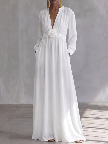High Waisted Long Sleeves Elasticity Pleated Pockets Solid Color Three-Dimensional Flower V-Neck Maxi Dresses