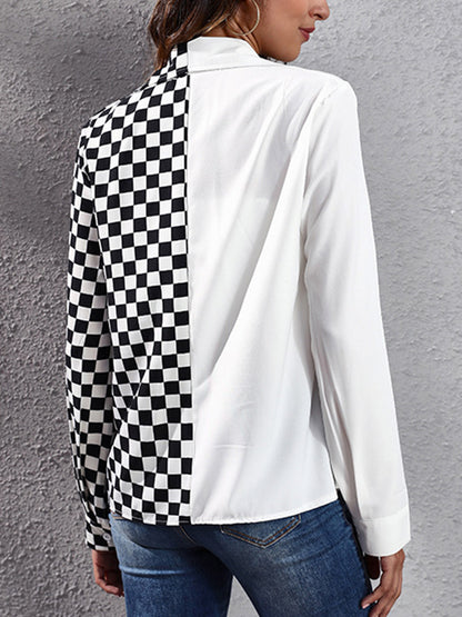 Long Sleeves Loose Checkerboard Contrast Color Split-Joint Lapel Blouses