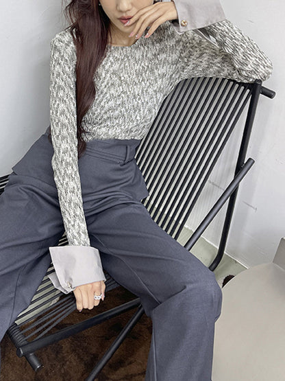 Long Sleeves Skinny Buttoned Round-Neck T-Shirts Tops
