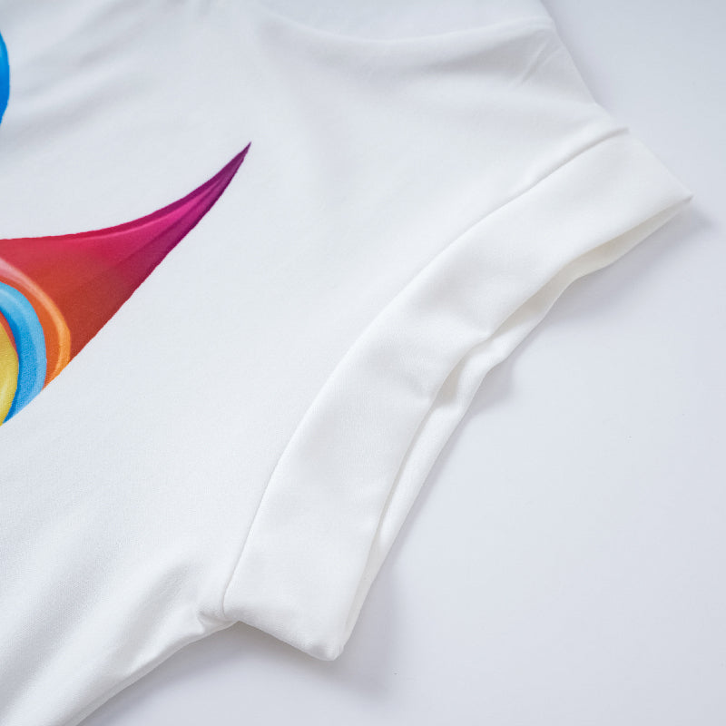 Cap Sleeve Loose Multi-Colored Printed High-Neck T-Shirts Tops