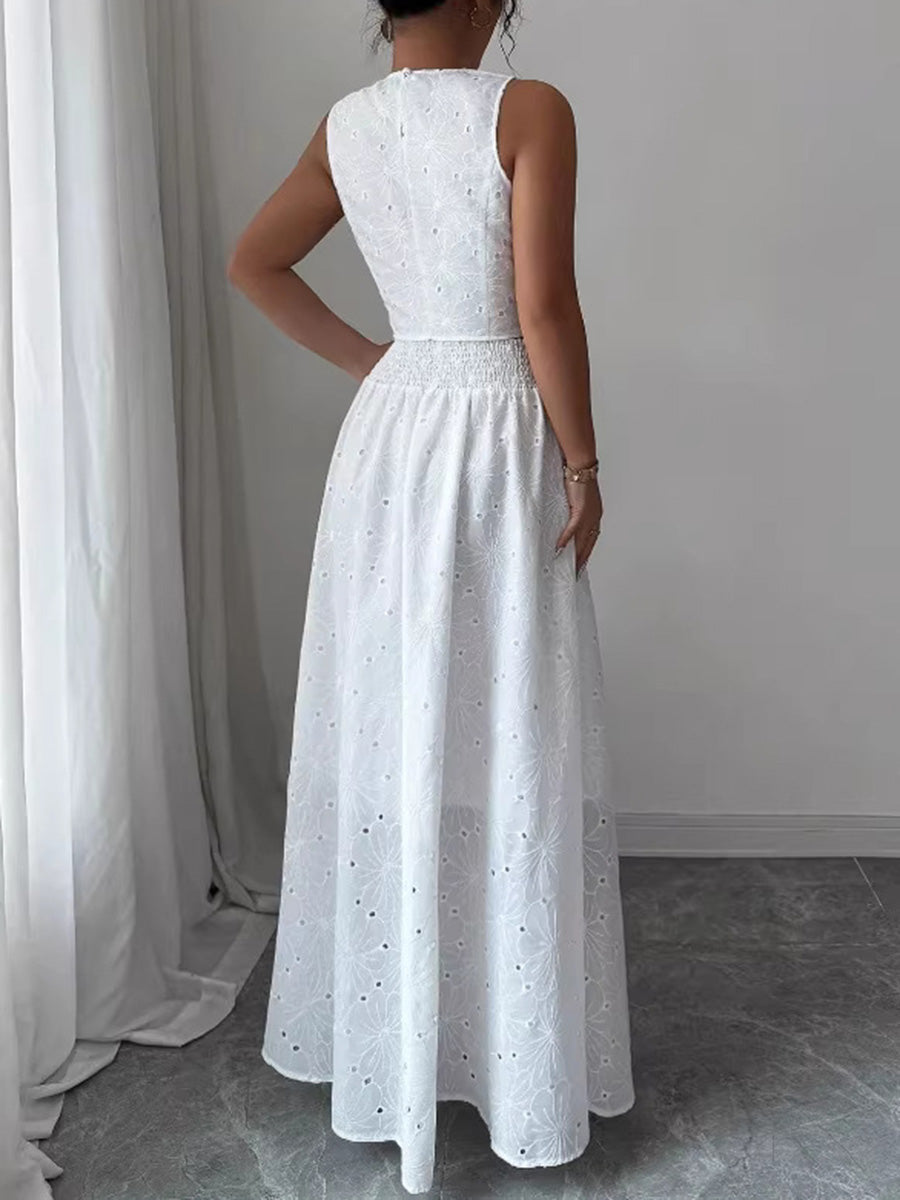 Cropped Embroidered Hollow Solid Color Tank Tops + High Waisted Skirts Bottoms Two Pieces Set