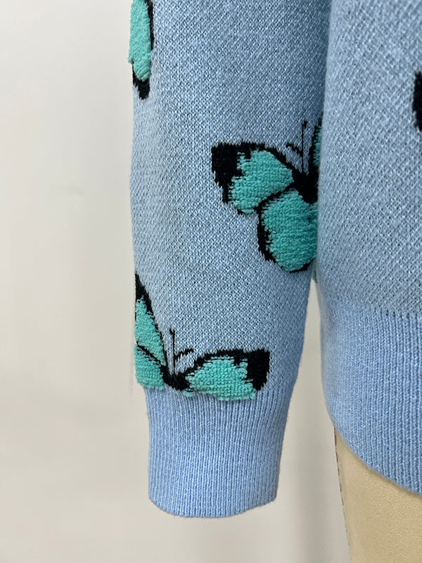 Original Long Sleeves Loose Butterfly Print Contrast Color Round-Neck Sweater Tops