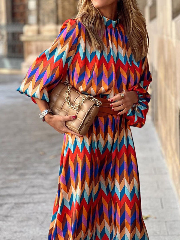 A-Line Long Sleeves Contrast Color Elasticity Pleated Stand Collar Midi Dresses