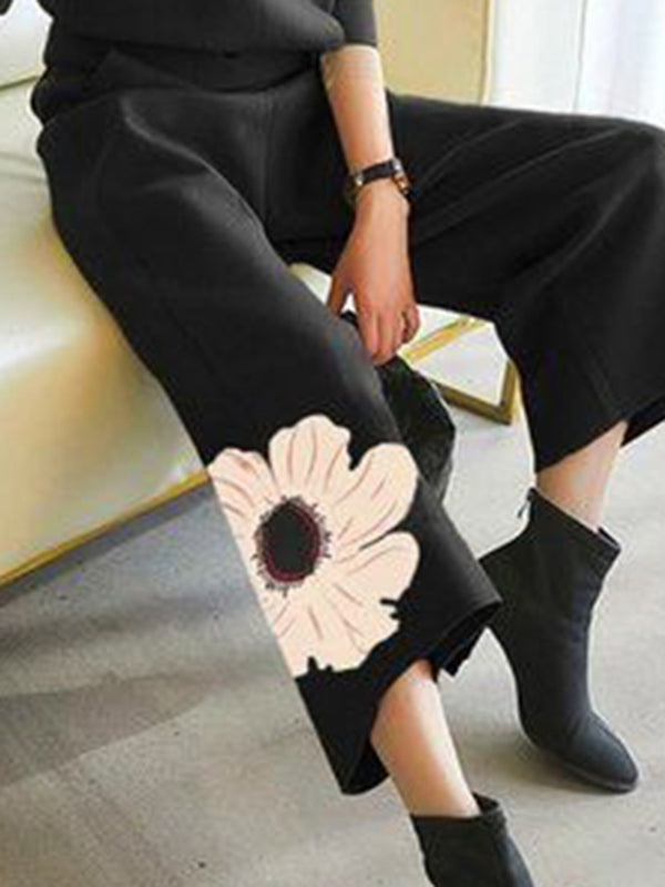 High Waisted Loose Asymmetric Floral Printed Pants Trousers