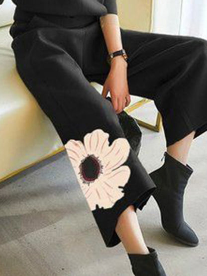High Waisted Loose Asymmetric Floral Printed Pants Trousers