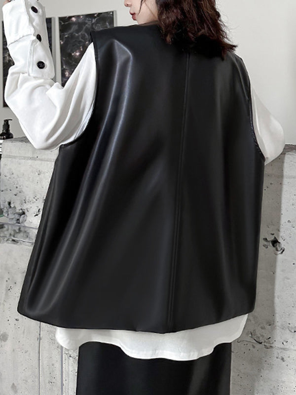 Loose Solid Color V-Neck Sleeveless Buttoned Pockets Vest Top + High Waisted Elasticity Tasseled Skirt Bottom Two Pieces Set